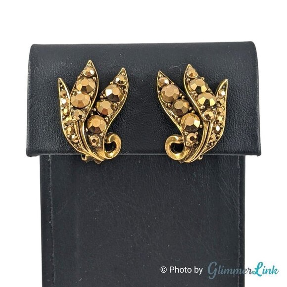 Albert Weiss Jewelry - VTG Weiss Aurum Metallic Rhinestones Triple Leaf Bronze Tone Clip On Earrings